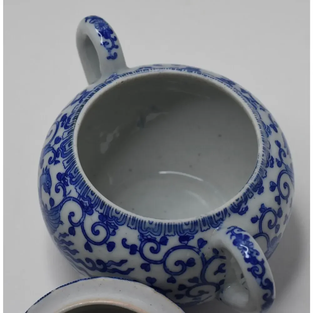 Vintage Blue & White Phoenix Fine Porcelain Sugar Lidded Bowl Japan